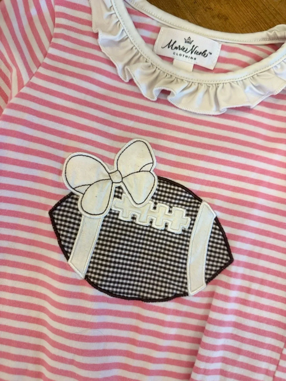 Pink and White Striped Football Applique One-Piece with Ruffles